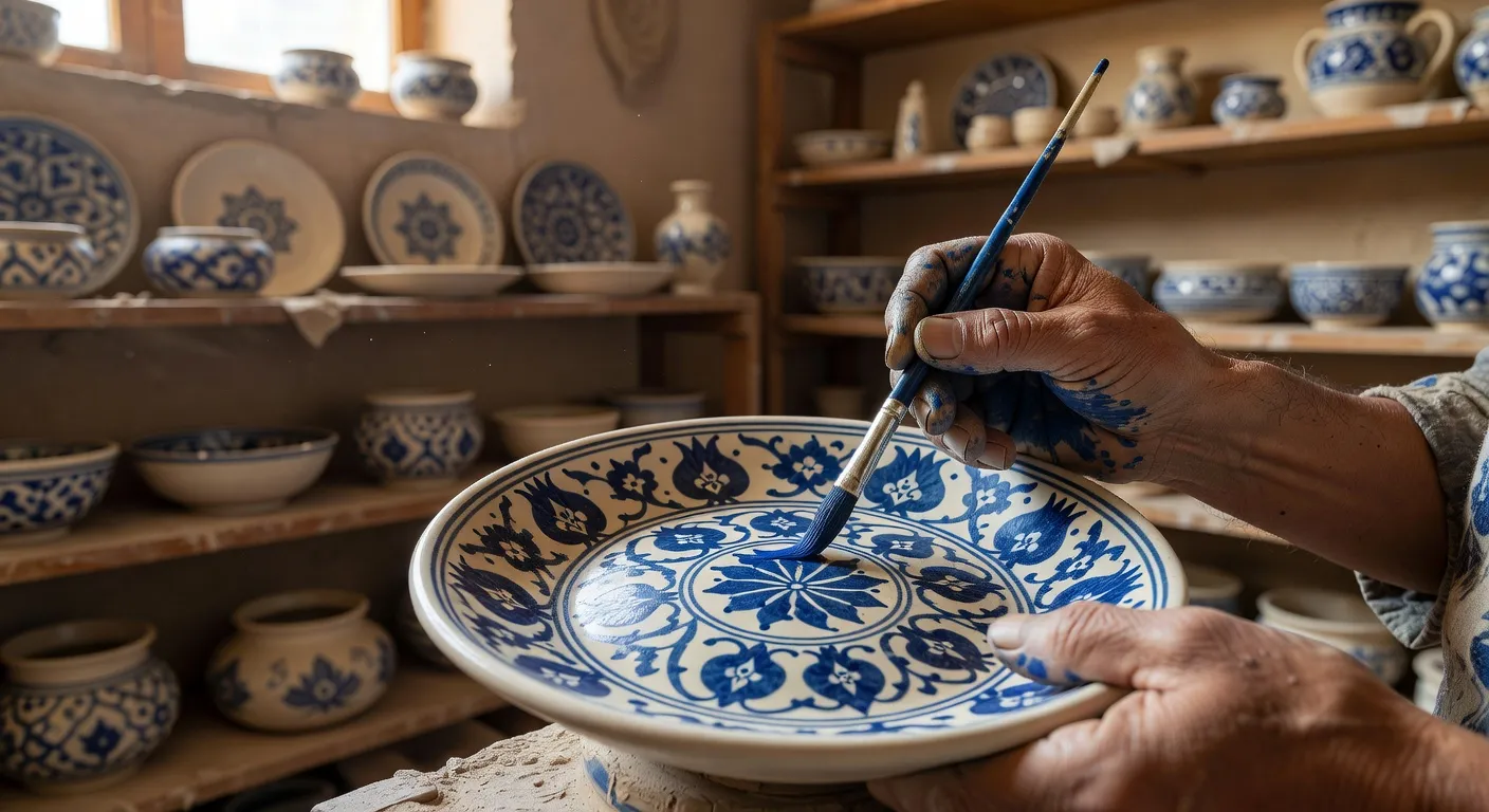 Potier de Rishtan peignant la céramique bleue traditionnelle dans son atelier