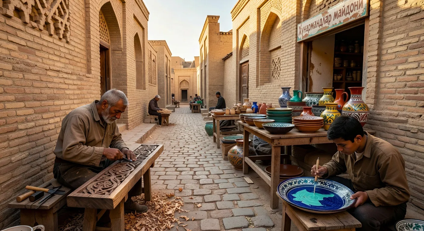 Artisans ouzbeks travaillant dans une ruelle de l'Ichane-Kala de Khiva