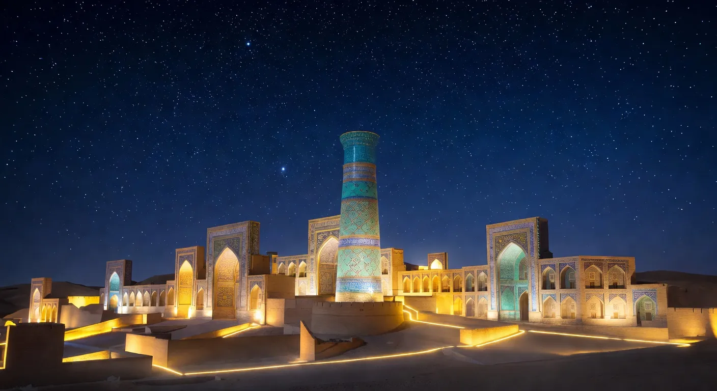 Vue nocturne de Khiva, minarets et mosquées illuminés en or et turquoise