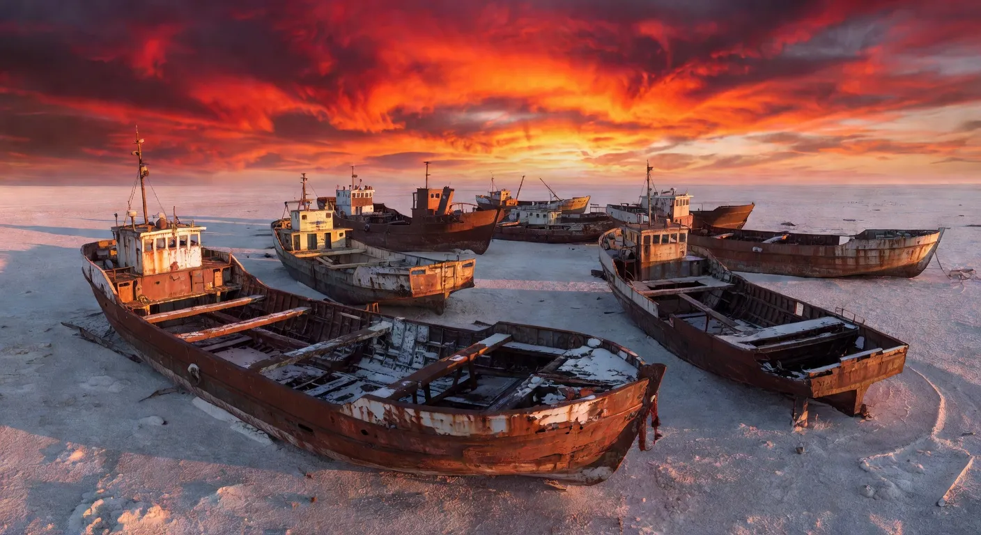 Cimetière de bateaux de Moynaq — chalutiers rouillés dans le désert de l'ancienne mer d'Aral