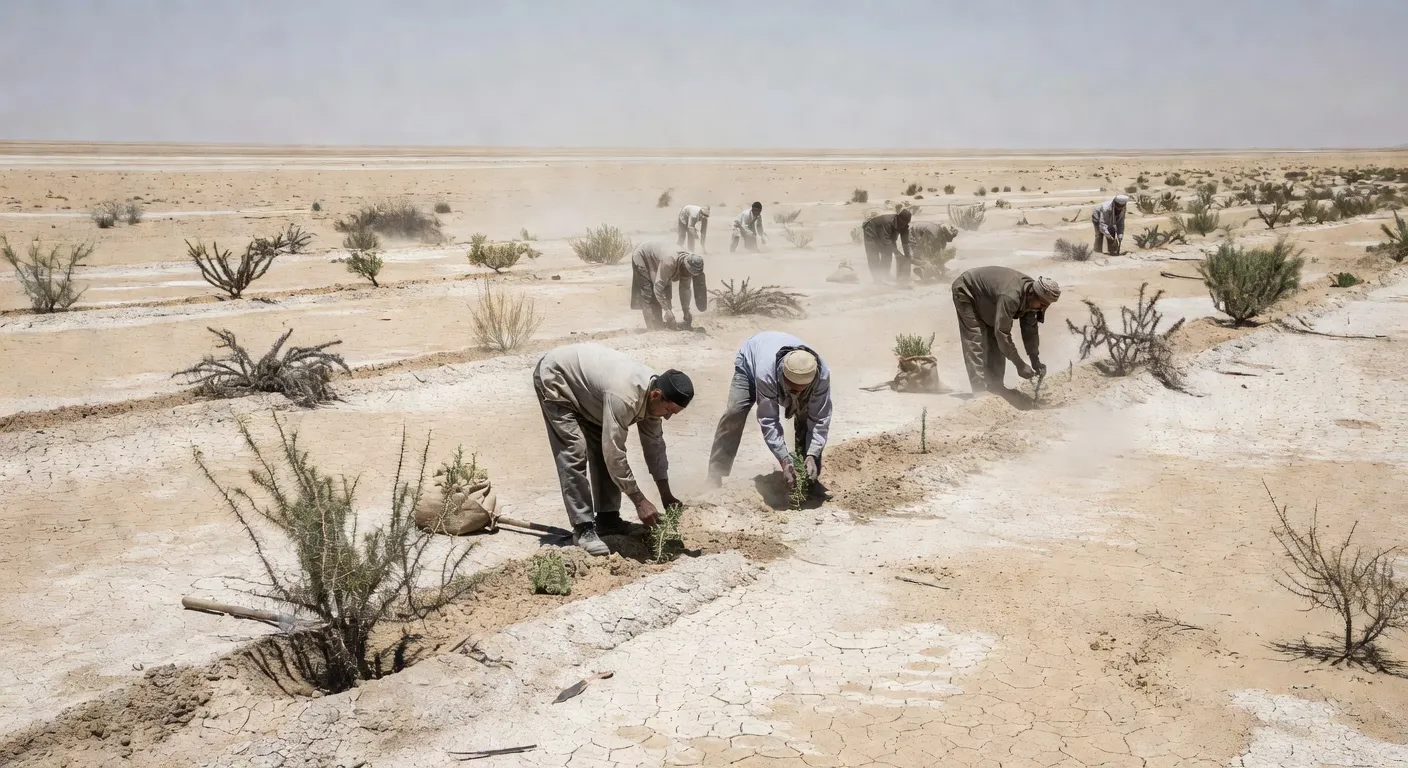 Plantation de saxaoul dans le désert d'Aralkum — programme de restauration écologique