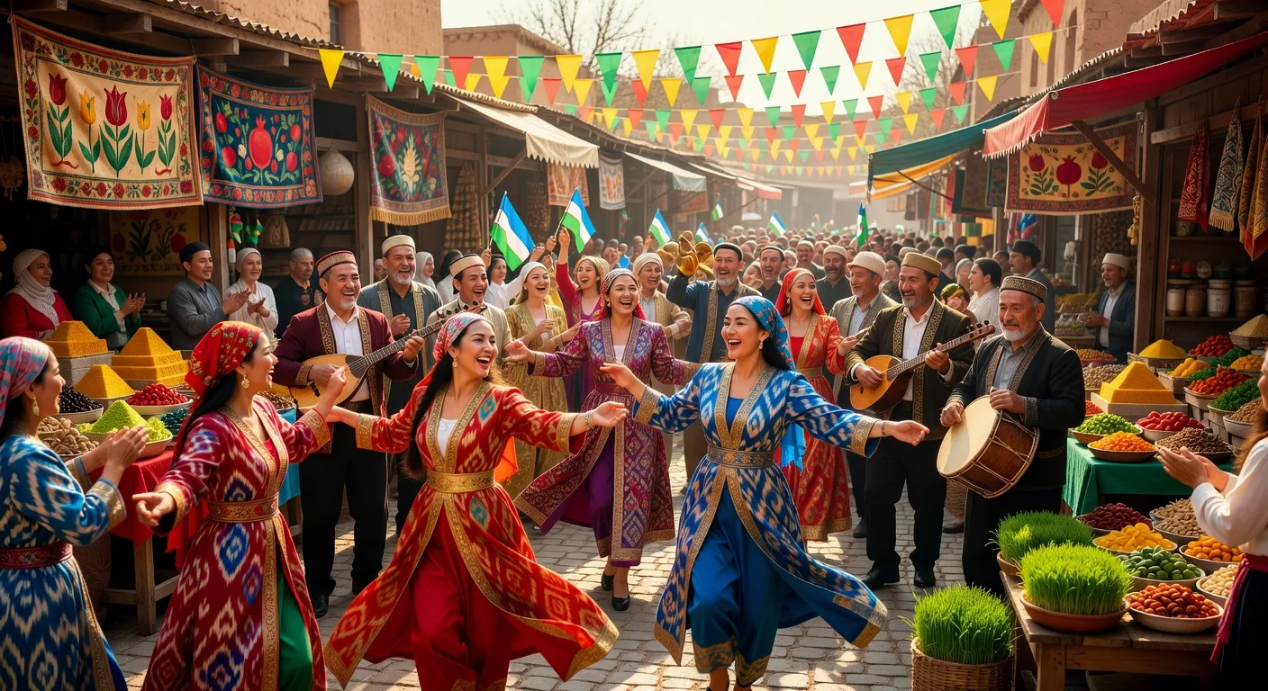 Fête de Navruz en Ouzbékistan — danses traditionnelles et robes ikat colorées
